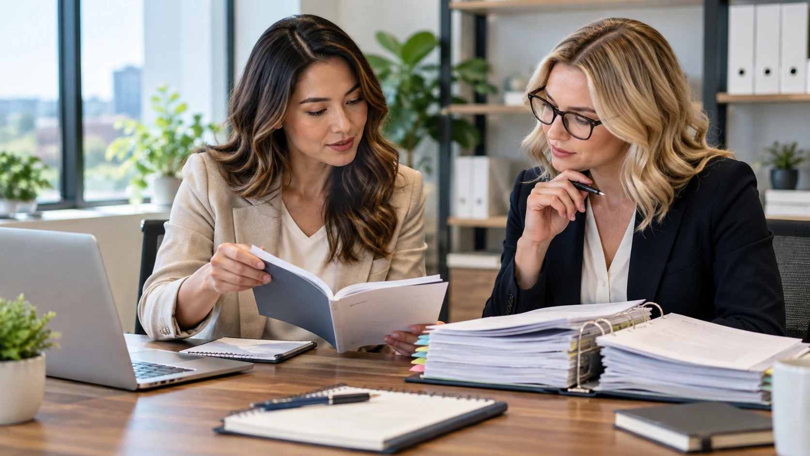 HR professionals reviewing an employee handbook and internal HR policy manual