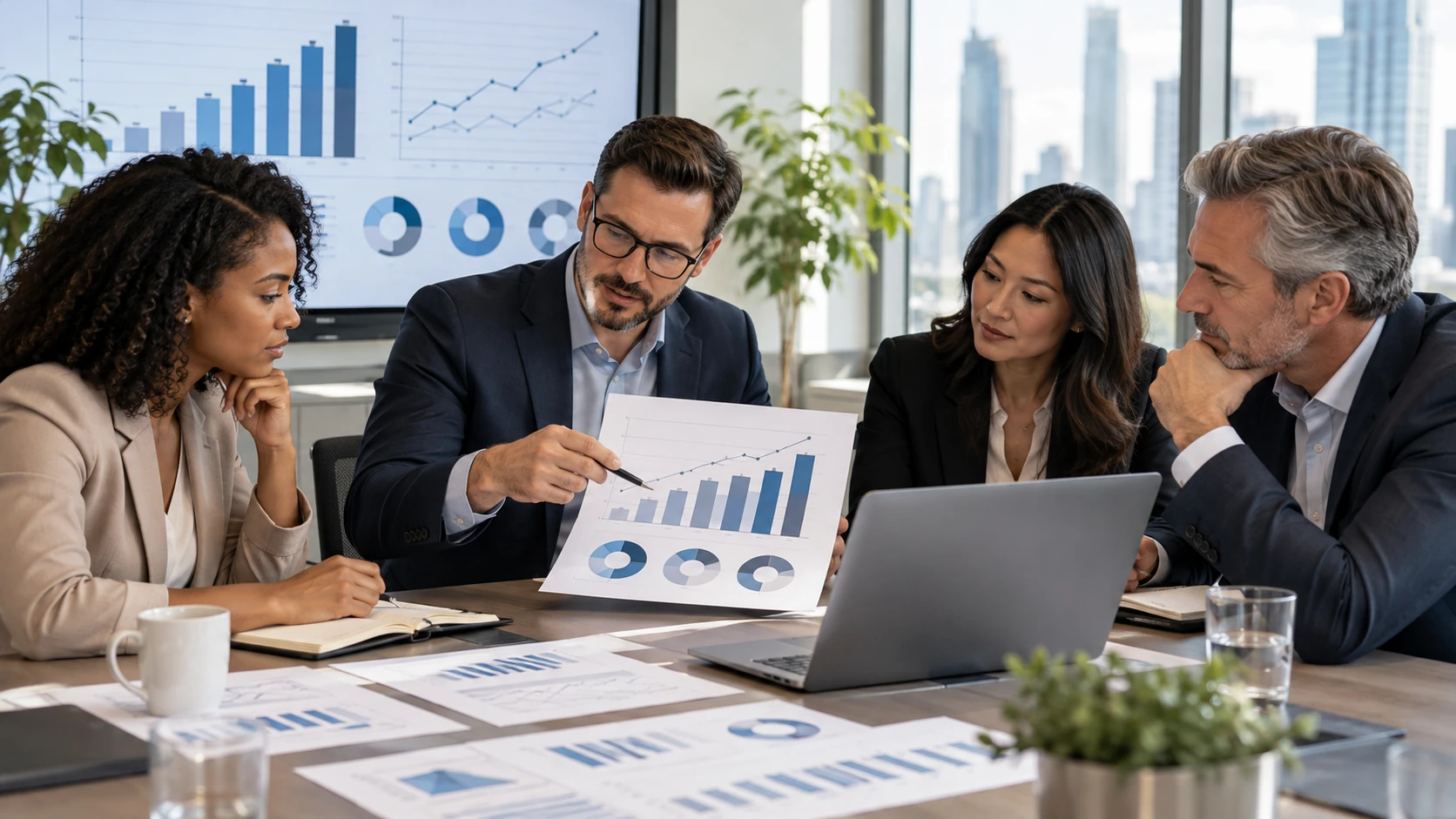 HR and business leaders reviewing compensation strategy charts and market pay data in a meeting