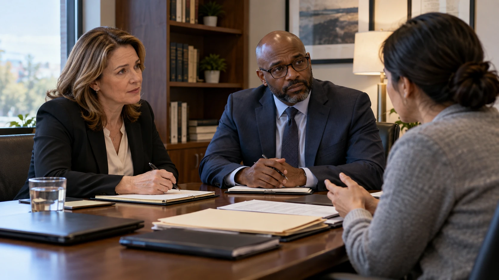 HR and workplace investigation professionals meeting with an employee during a formal investigation discussion