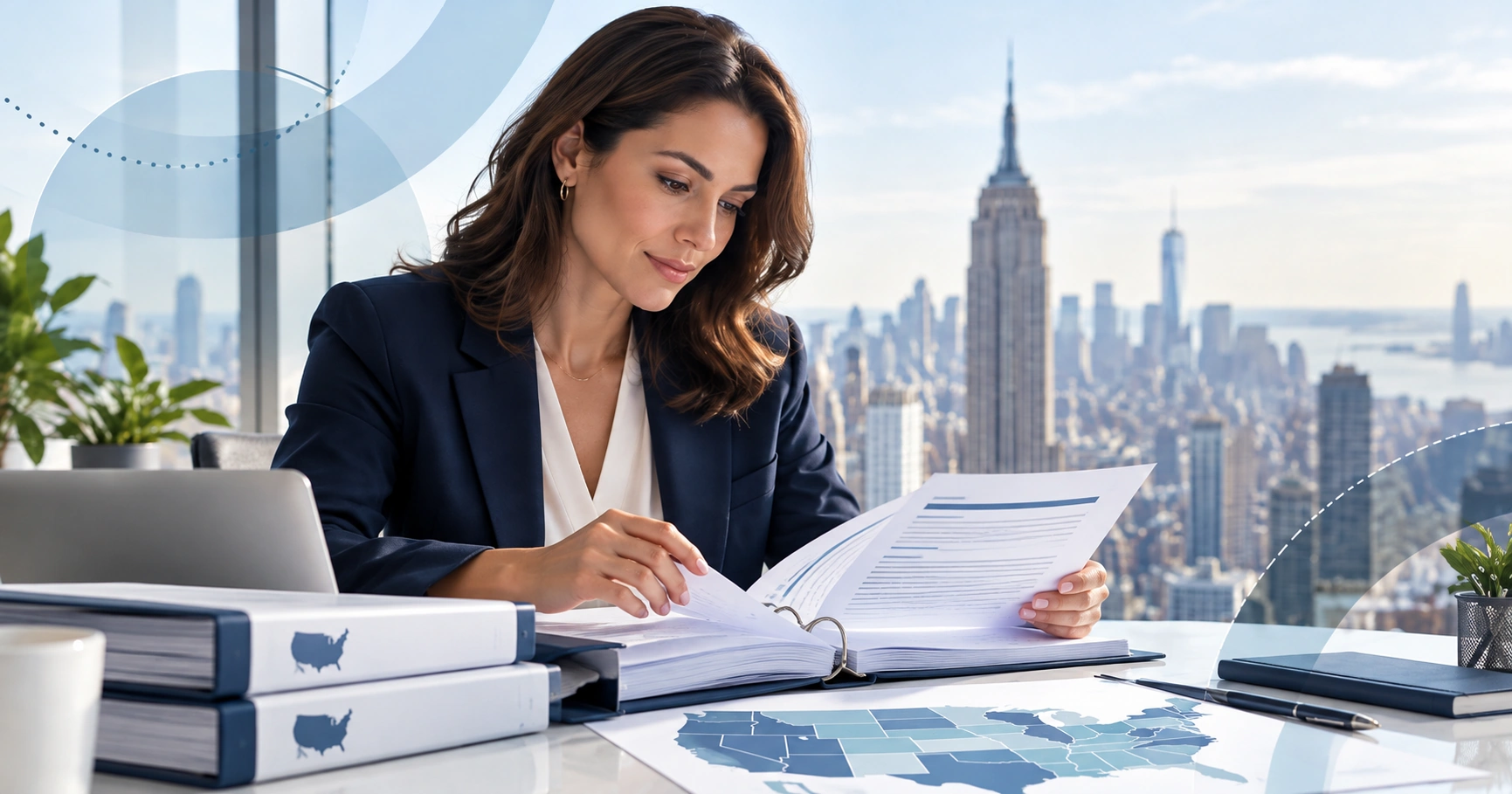 HR consultant reviewing employee handbook policies across multiple US states in a New York office
