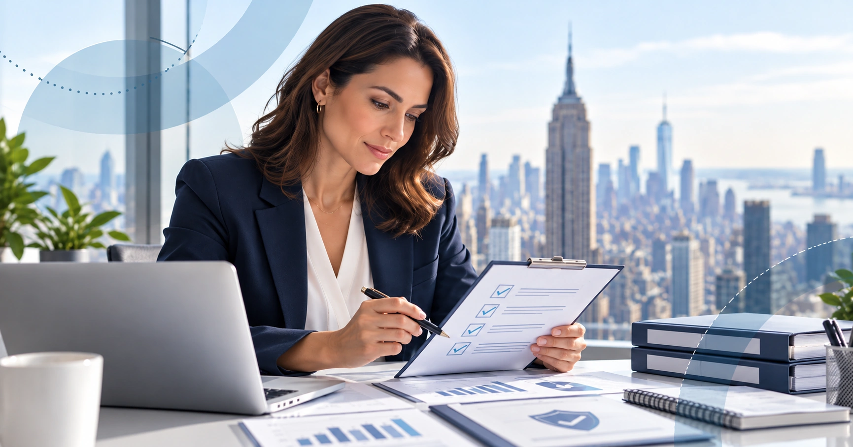 HR professional reviewing a New York workplace audit checklist and employee compliance records