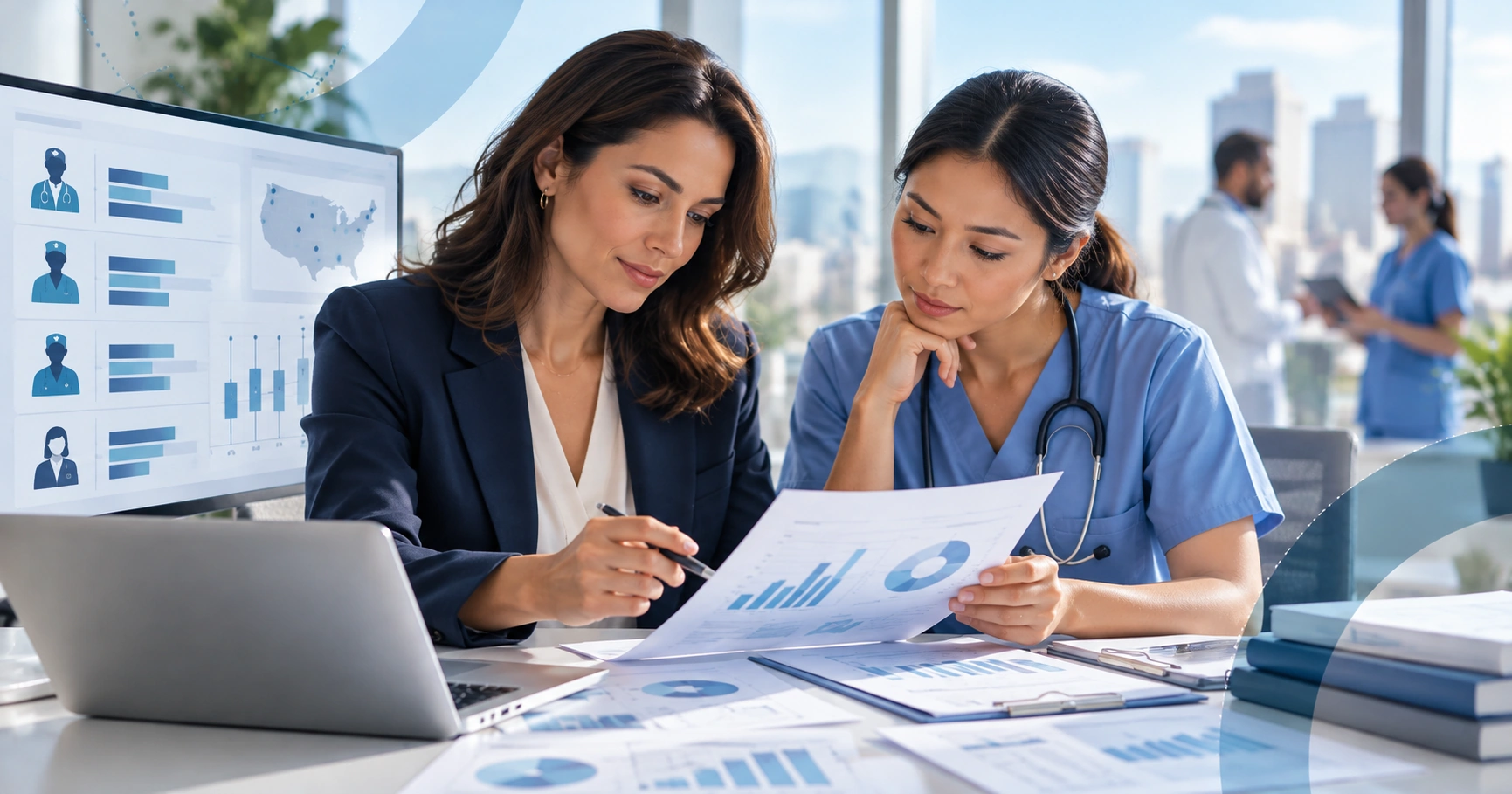 Healthcare HR analyst and clinical professional comparing salary survey benchmark roles and peer markets