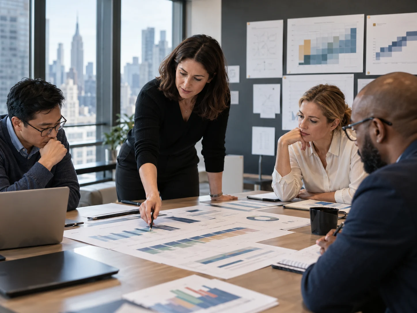 Compensation consultants reviewing charts and pay data together in an office