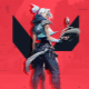 Jett, a character from Valorant, poised with knives against a red background.