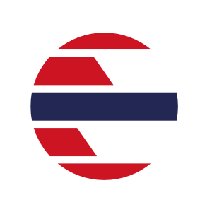 Sirkelformet logo med rød og mørkeblå geometrisk design.