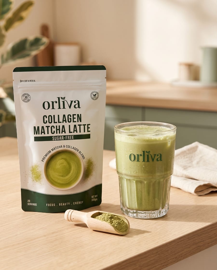 ORLIVA Matcha Collagen Latte pouch with creamy iced latte