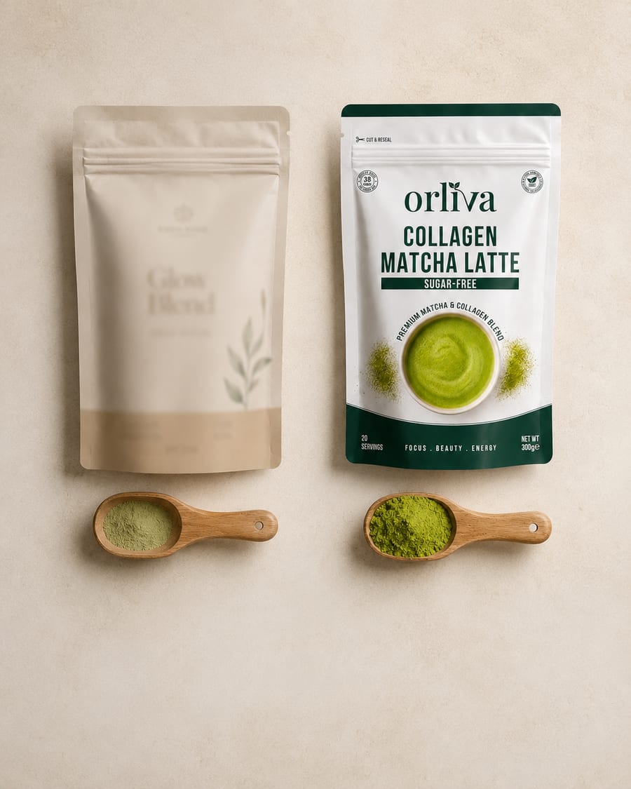 Vague wellness matcha pouch beside ORLIVA's labeled 15g scoop