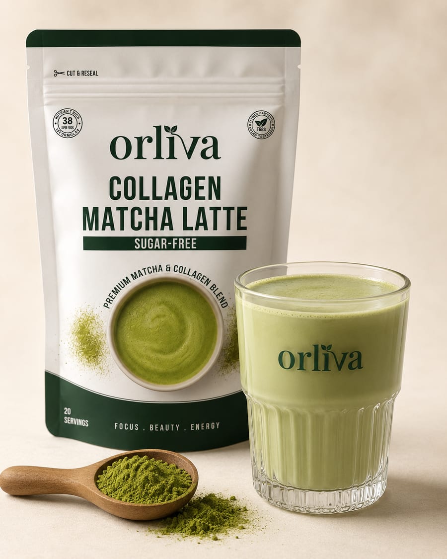 ORLIVA pouch, full scoop and finished matcha collagen latte