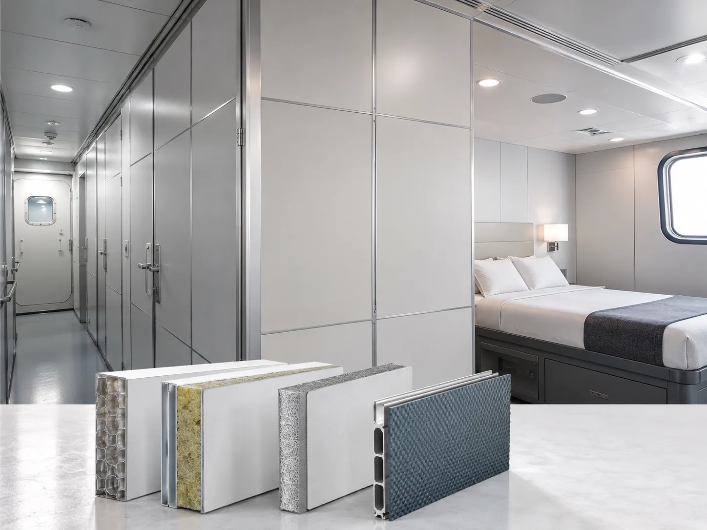 Modern ship interior hallway and cabin with different marine wall panel samples displayed on table.