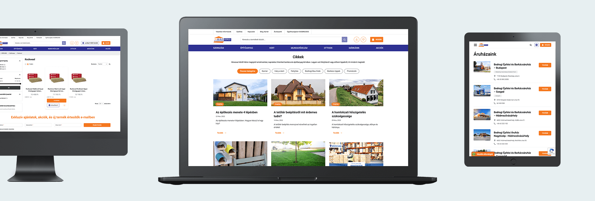 Drei Geräteansichten der Bodrogi Bau Website: Desktop-Produktkategorieseite mit Filteroptionen und Newsletter-Anmeldung, Laptop-Ansicht des Magazin-Bereichs mit Ratgeberartikeln zu Bau und Heimwerken sowie Tablet-Ansicht der Filialsuche mit Standortliste und Kontaktdaten