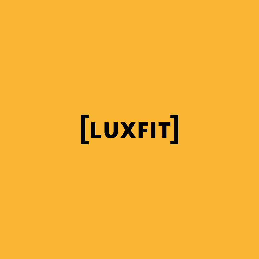 Luxfit logo on yellow background.