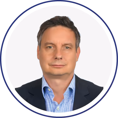 Açık mavi gömlek ve lacivert ceket giyen yönetici erkek için yuvarlak çerçeveli vesikalık portre