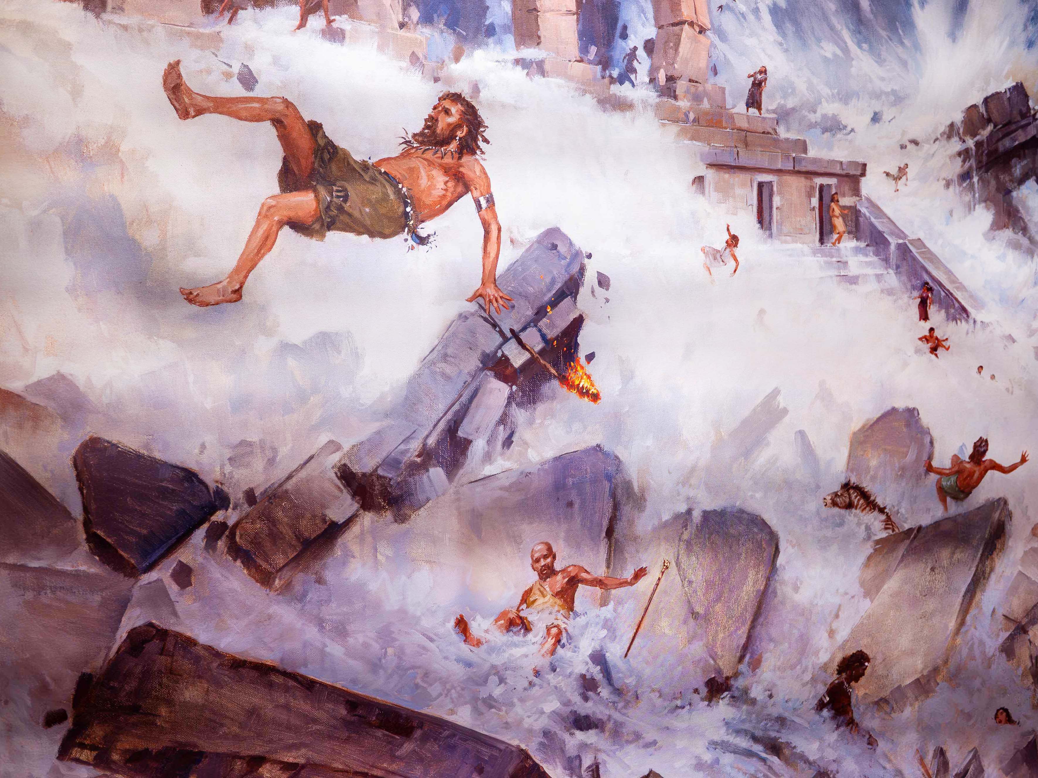 A dramatic painting at the Ark Encounter depicting people swept away by the Flood as floodwaters destroy an ancient city, illustrating God's judgment in the days of Noah.
