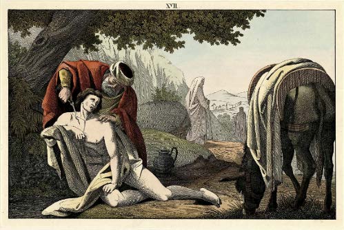 A 19th-century hand-colored lithograph illustrating the Parable of the Good Samaritan, one of the unique accounts recorded in Luke's Gospel.