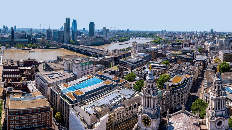 London cityscape at dusk viewed from St. Paul's Cathedral.