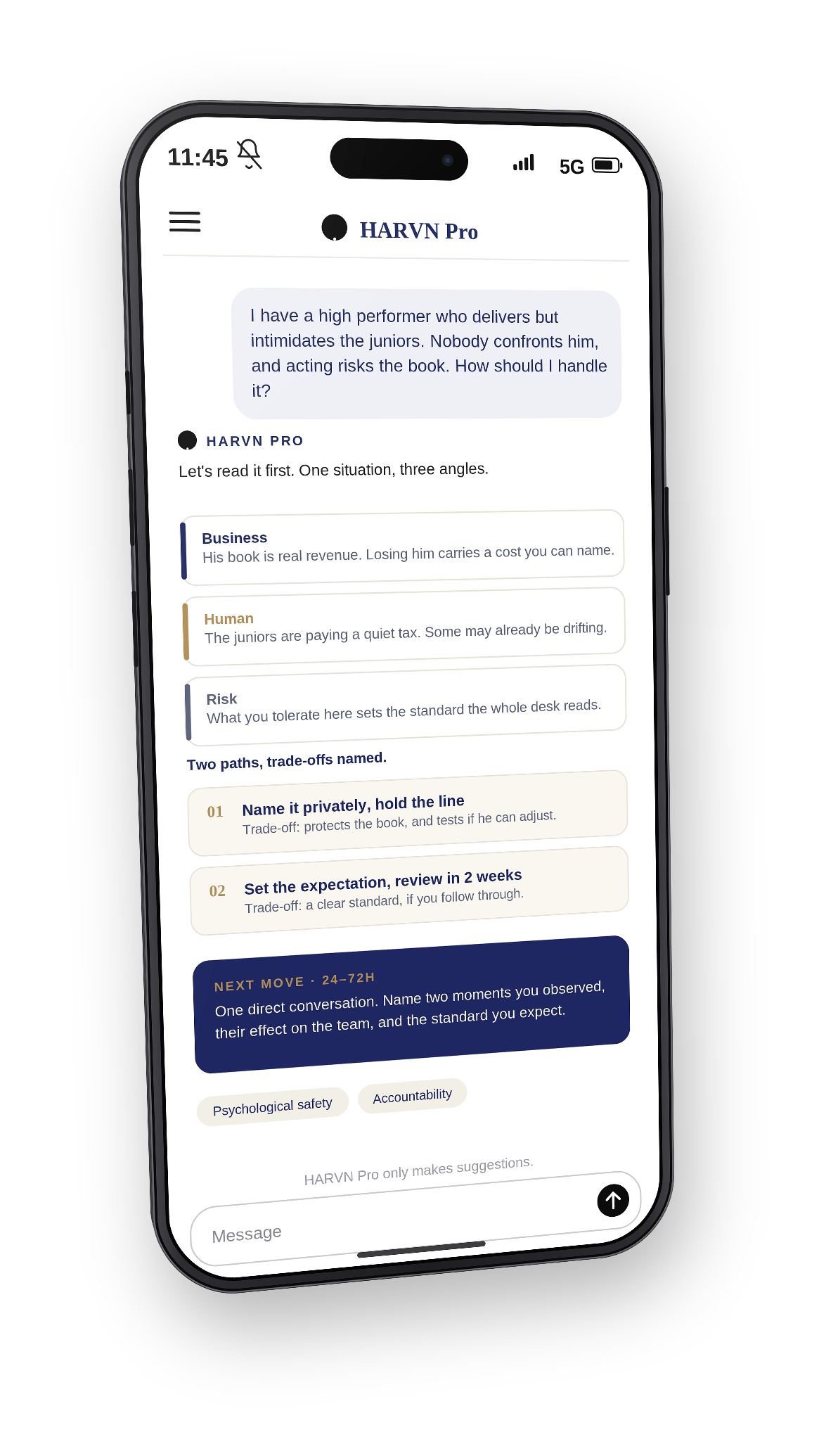HARVN Pro on iPhone: a calm chat that reads a management situation, names the trade-offs and leaves the final call to the manager.