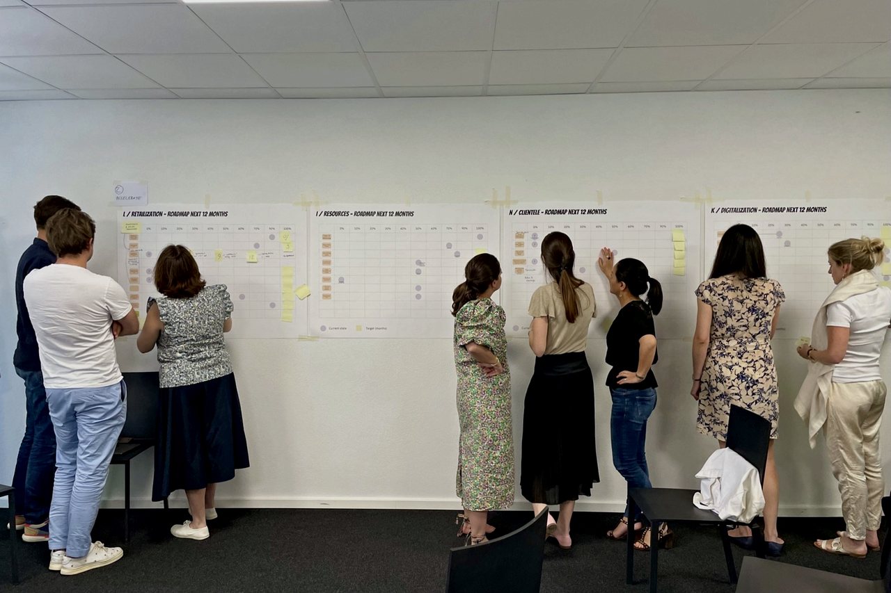 Teams working along a wall of Team Alignment Maps