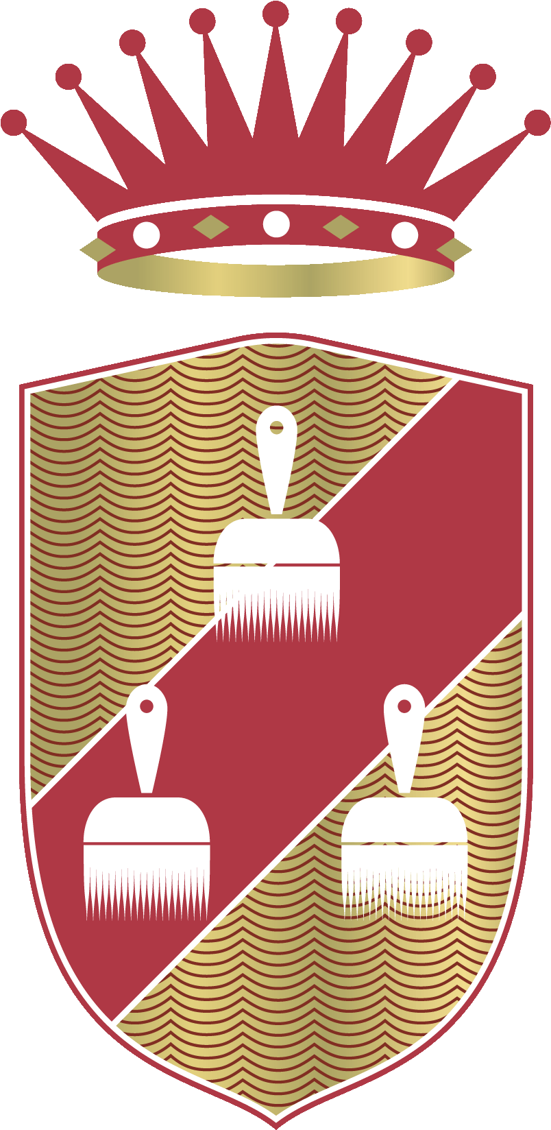 Écusson rouge et or avec trois brosses blanches et une couronne rouge au-dessus.