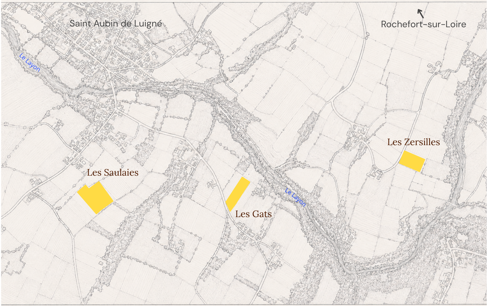 Carte montrant les zones agricoles Les Saulaies, Les Gats, et Les Zersilles près de Saint Aubin de Luigné.