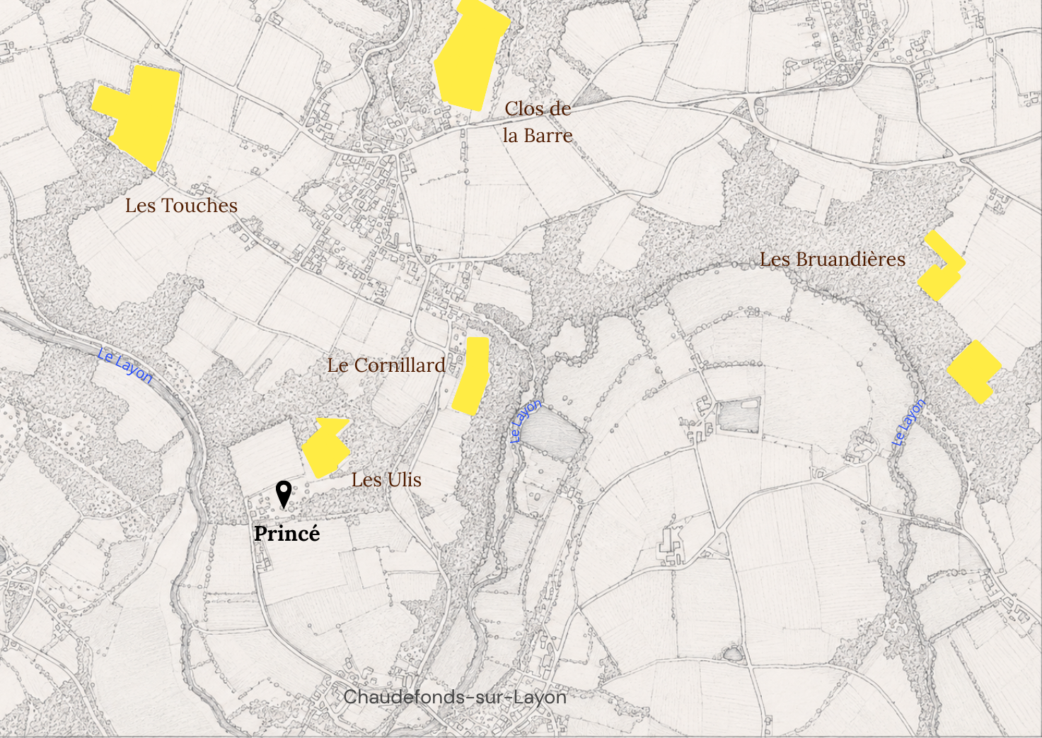 Carte ancienne montrant Princé, Chaudefonds-sur-Layon et des zones marquées en jaune.