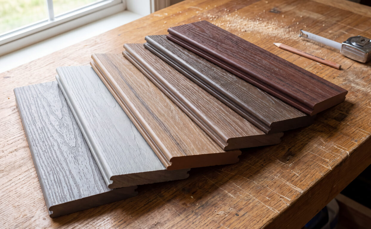 Trex decking sample boards in several colors, stacked so the grain and cap can be compared.