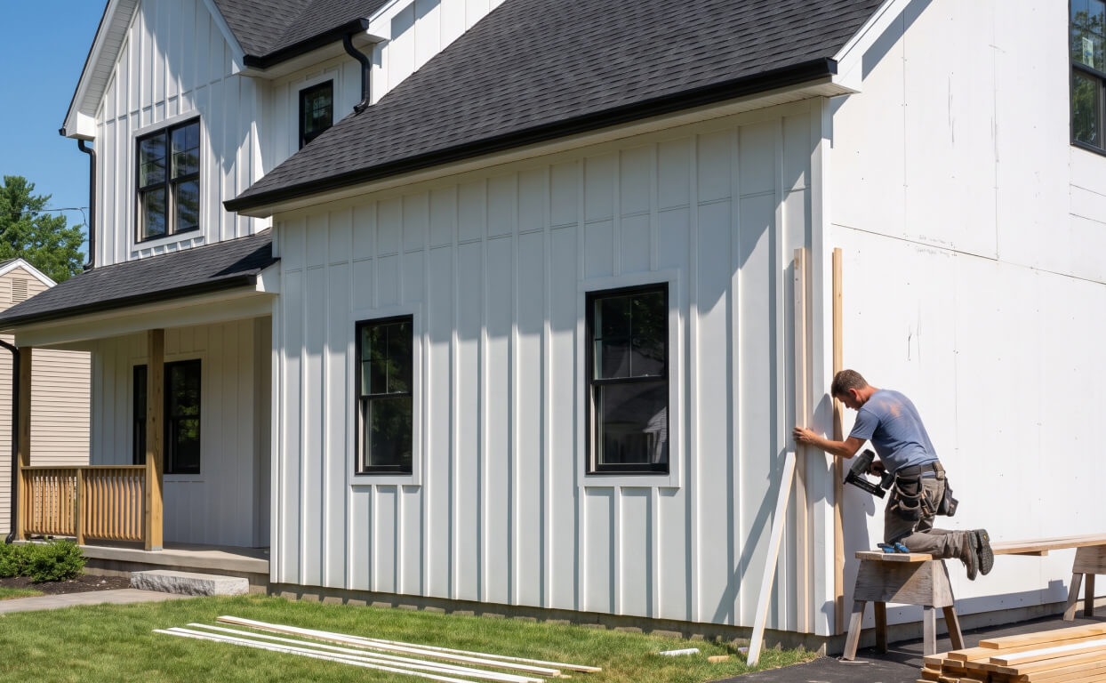 Board and batten siding going up on a house wall, with battens covering the vertical seams.