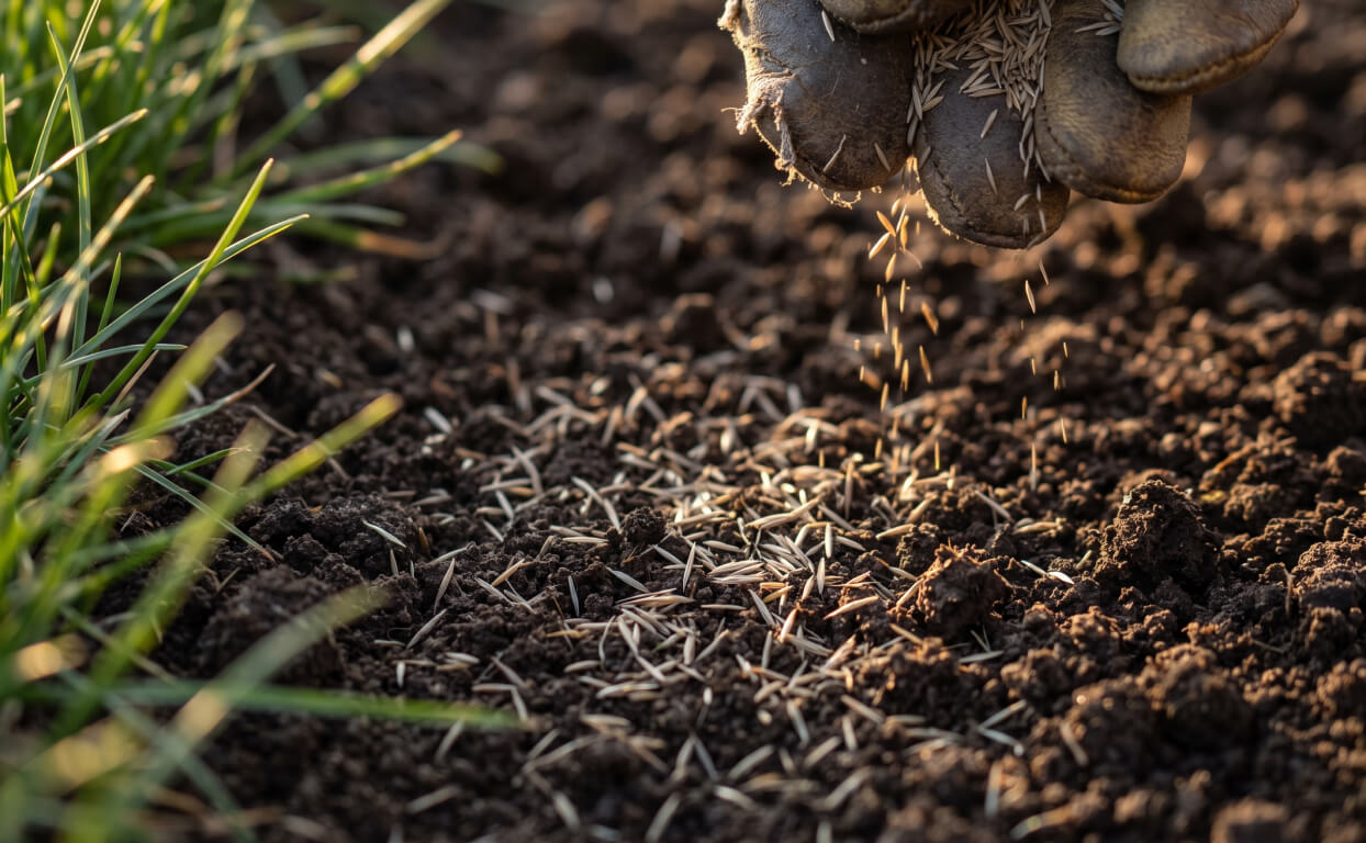 Grass seed in contact with bare soil, the condition that has to exist before overseeding will take.