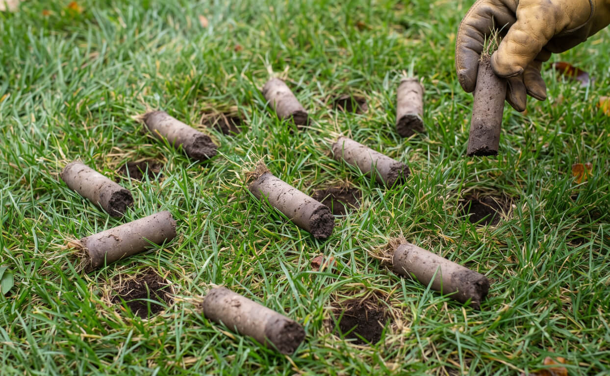 Soil cores pulled by a plug aerator, lying beside the holes they came out of.