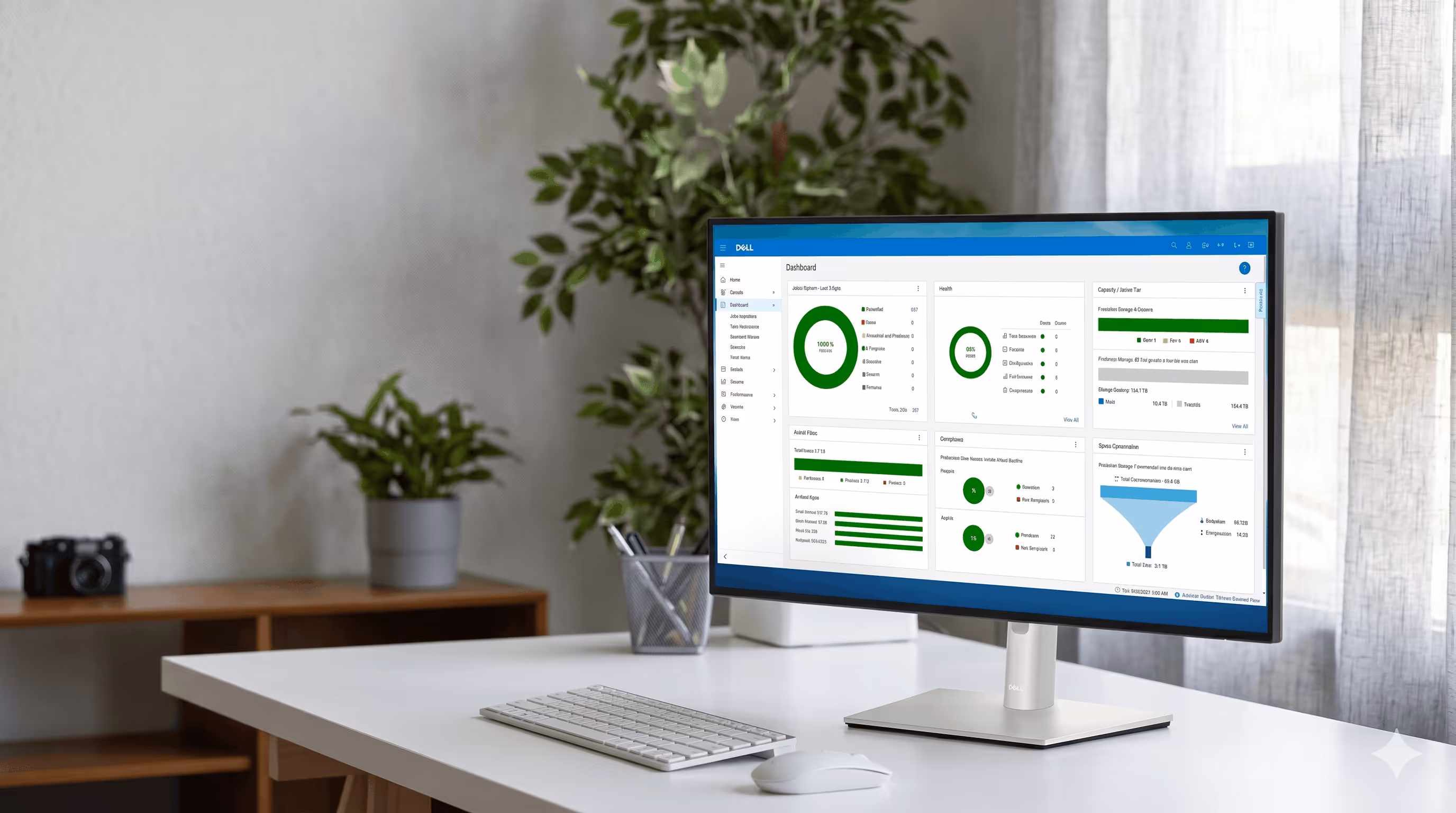 Modern office desk with Dell monitor showing a dashboard, keyboard, mouse, and green plants in the background.