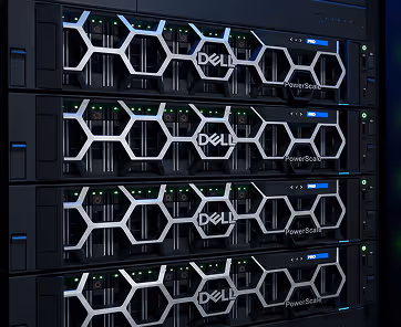 Stack of four Dell PowerScale server units with hexagonal front panels and indicator lights.