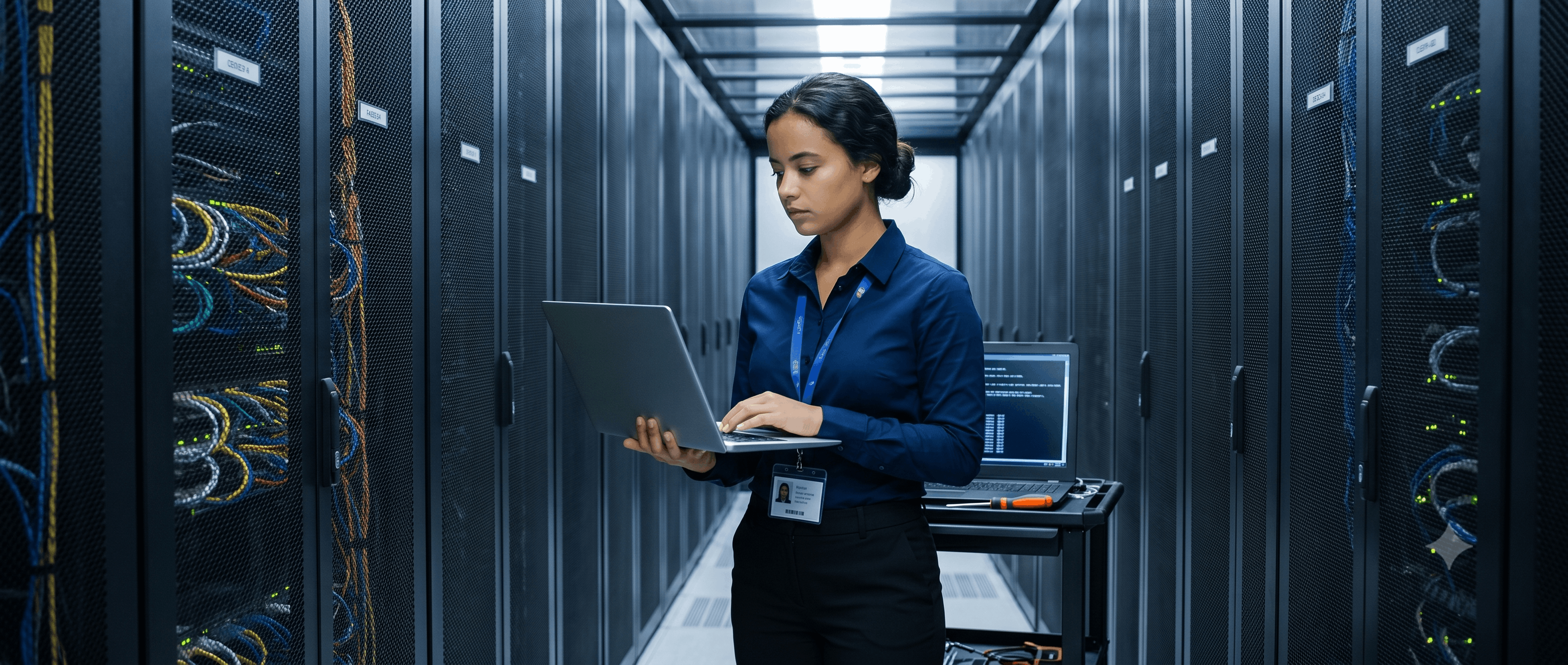 Especialista técnica de Zetta con laptop en un data center rodeado de racks de servidores Dell