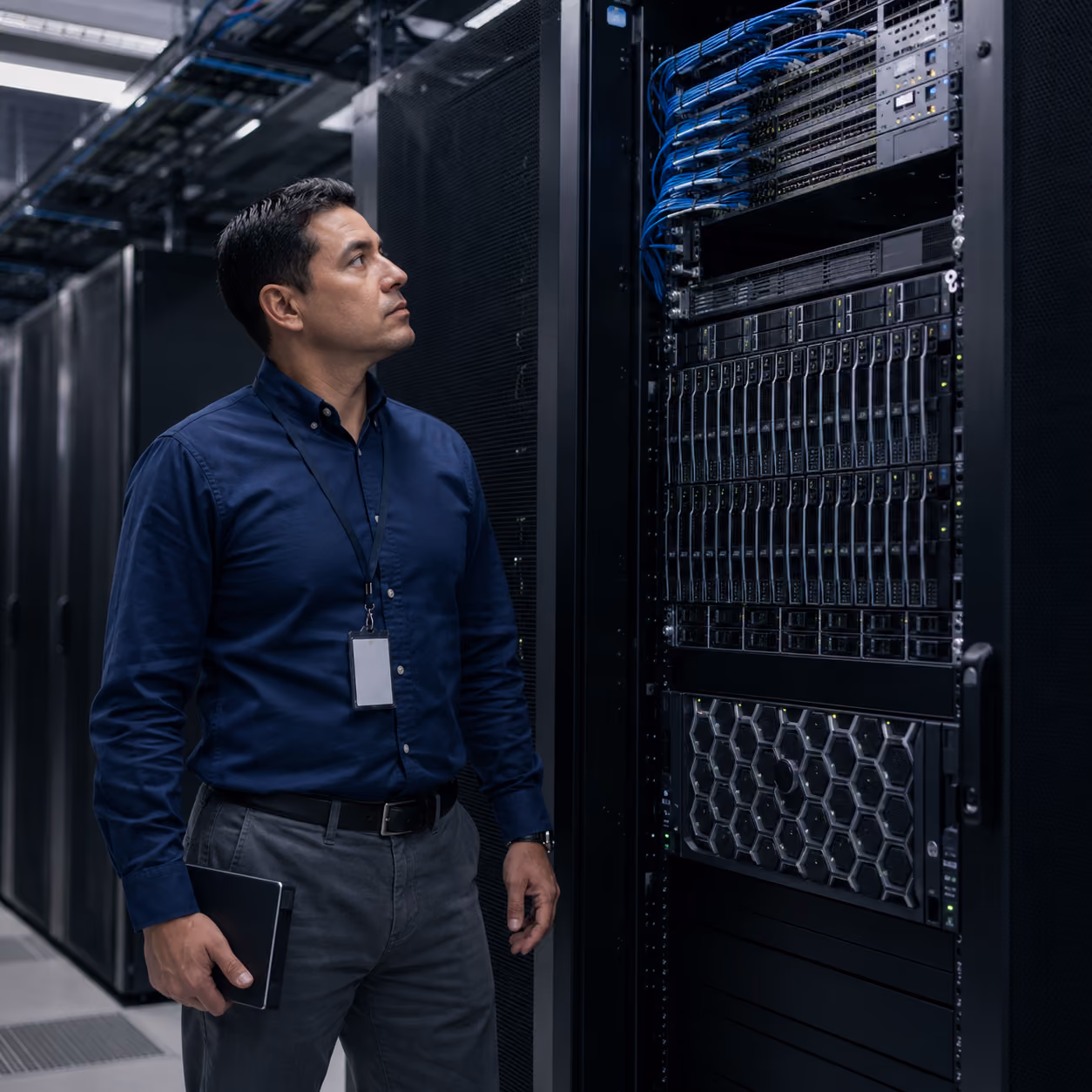 Woman in a server room working on a laptop with racks of servers behind her.