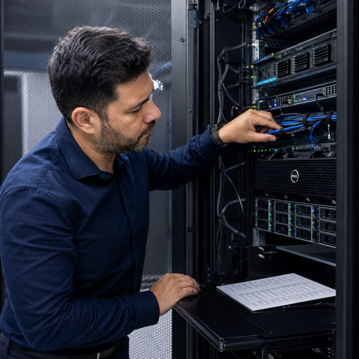 Técnico de telecomunicaciones frente a torres de transmisión