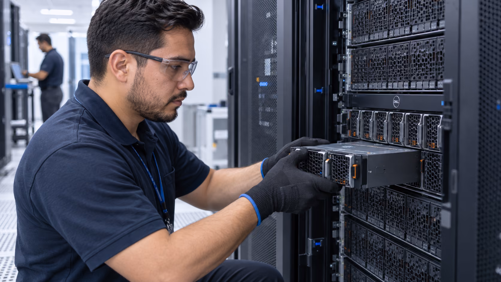 Woman in business attire using a laptop in a server room with racks of hardware behind her.