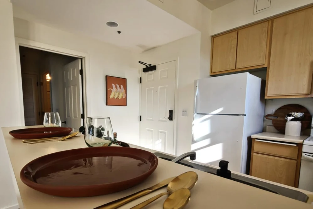 Kitchen with brown cabinets