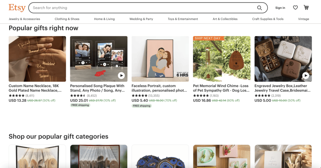 eCommerce website example: Etsy