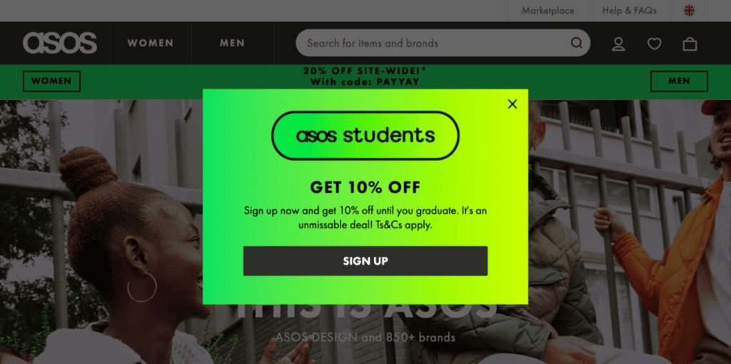 Coupon pop up example