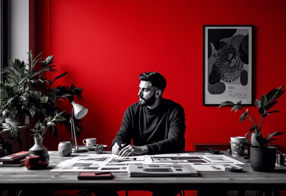 [background image] image of founder at work (for an interior design firm)