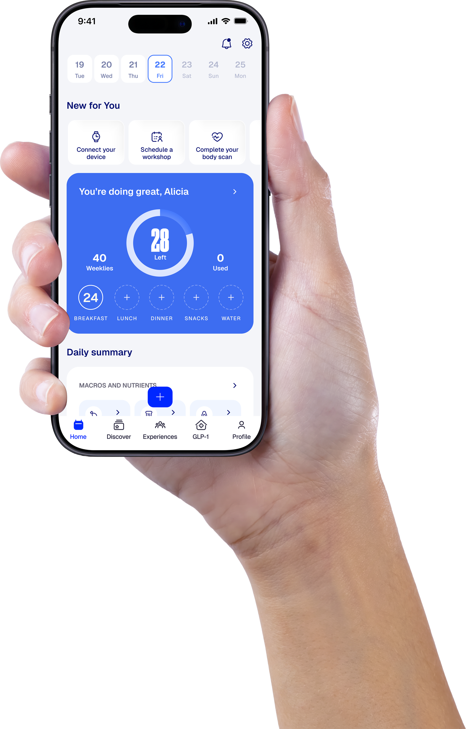 A hand holding a phone showing the WeightWatchers app