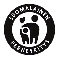 Suomalainen perheyritys logo, jossa tyylitelty aikuinen ja lapsi sydämellä.