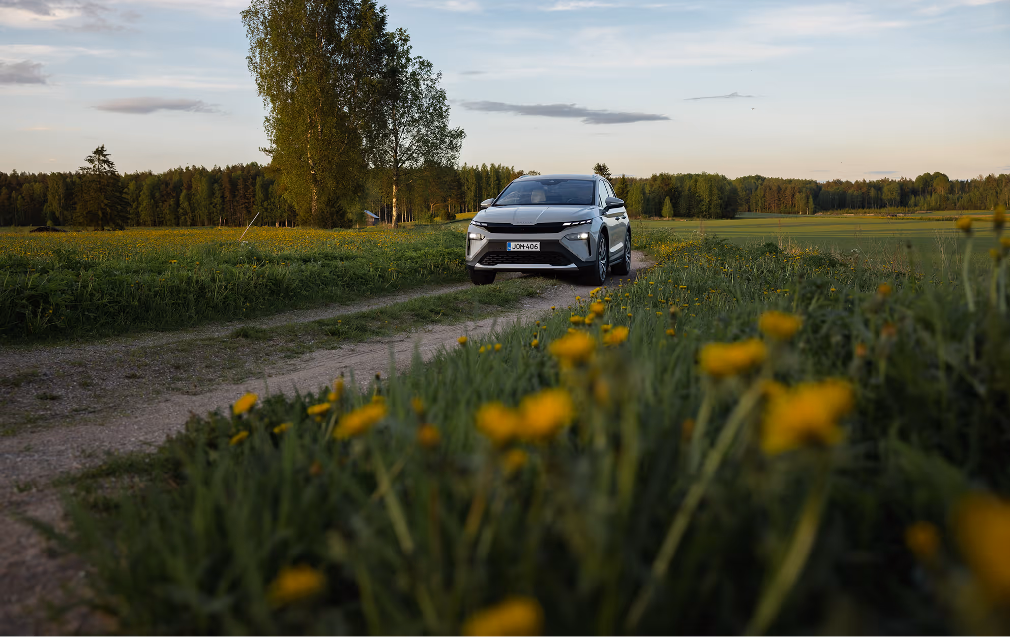 Harmaa sähköauto ajaa kapeaa soraista maantietä kukkivien keltaisten kasvien ja puiden ympäröimänä.
