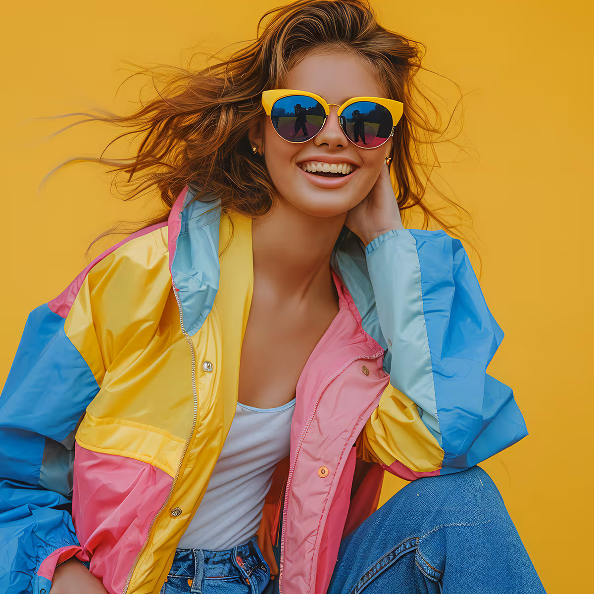 Smiling woman with wavy hair wearing colorful jacket and yellow sunglasses against yellow background.