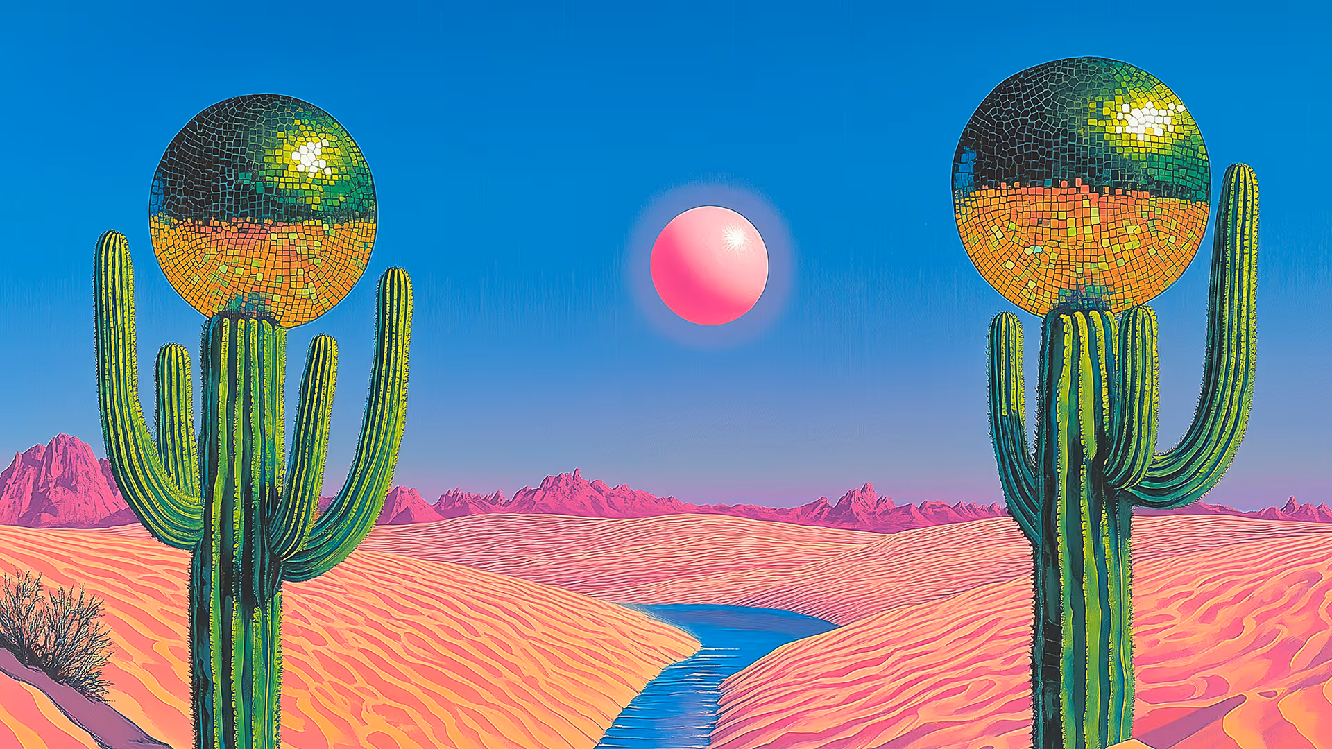Two tall green cacti with mosaic glass spheres on top in a pink desert with a blue river and pink sun.