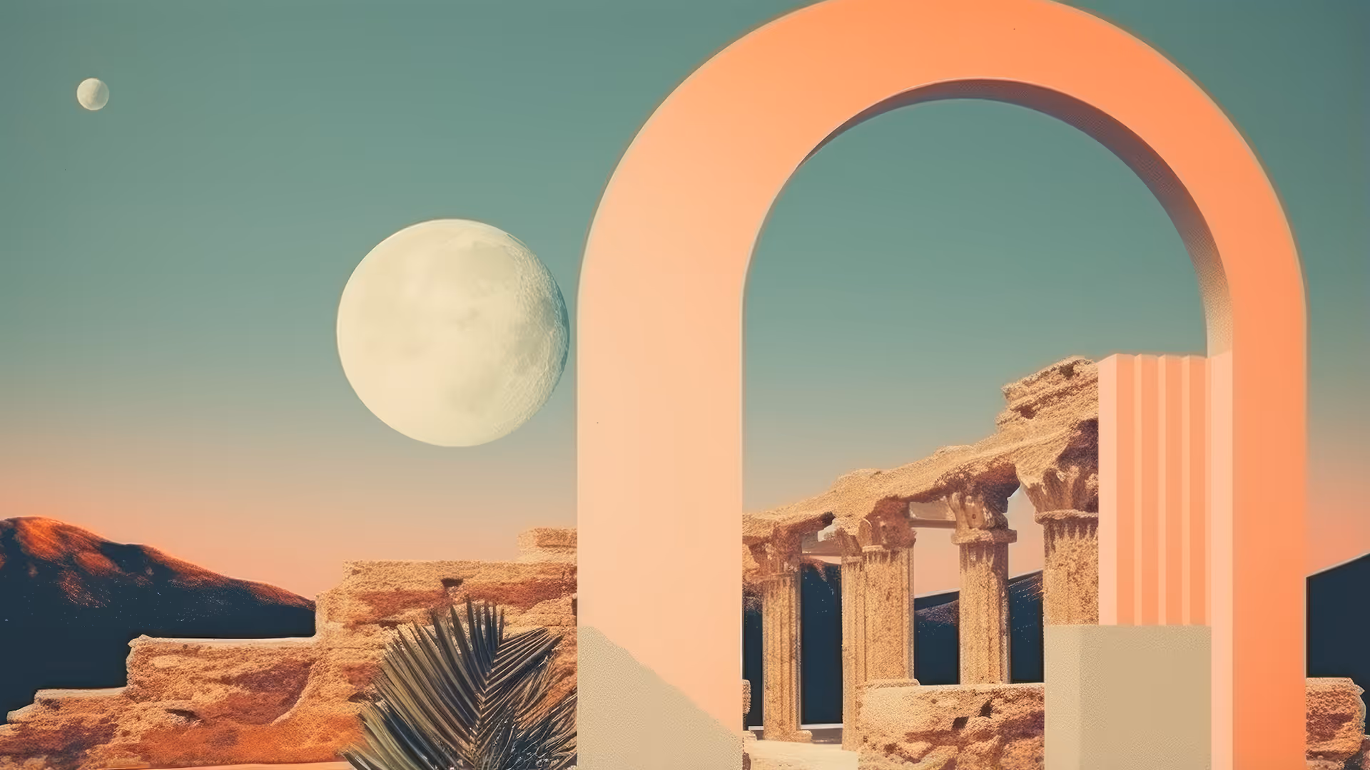 Ancient ruins with columns framed by a large pink arch under a sky with two moons.