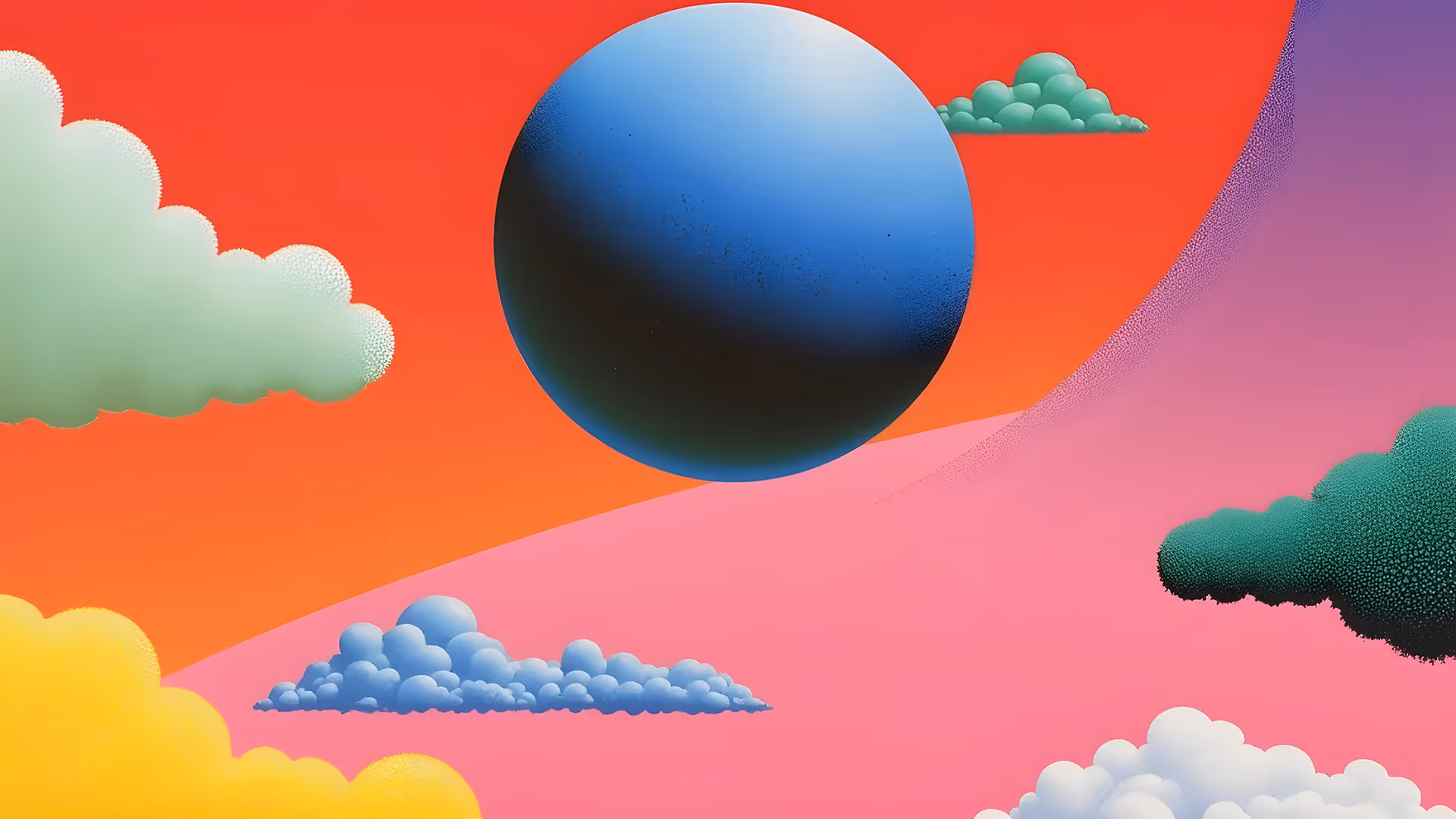 Large blue sphere floating among colorful stylized clouds on a red and pink gradient background.