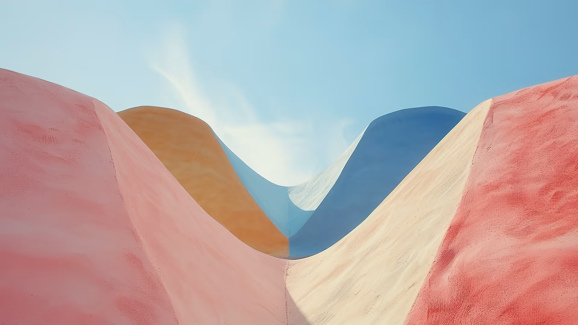 Abstract wavy hills painted in pastel pink, orange, blue, and cream colors under a clear sky.