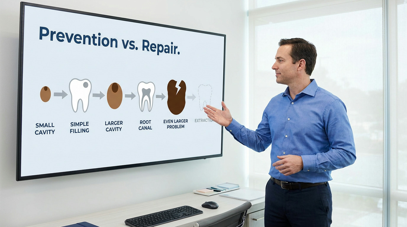 A man in a blue shirt and dark pants stands next to a large screen displaying a dental infographic titled "Prevention vs. Repair," gesturing towards the screen.