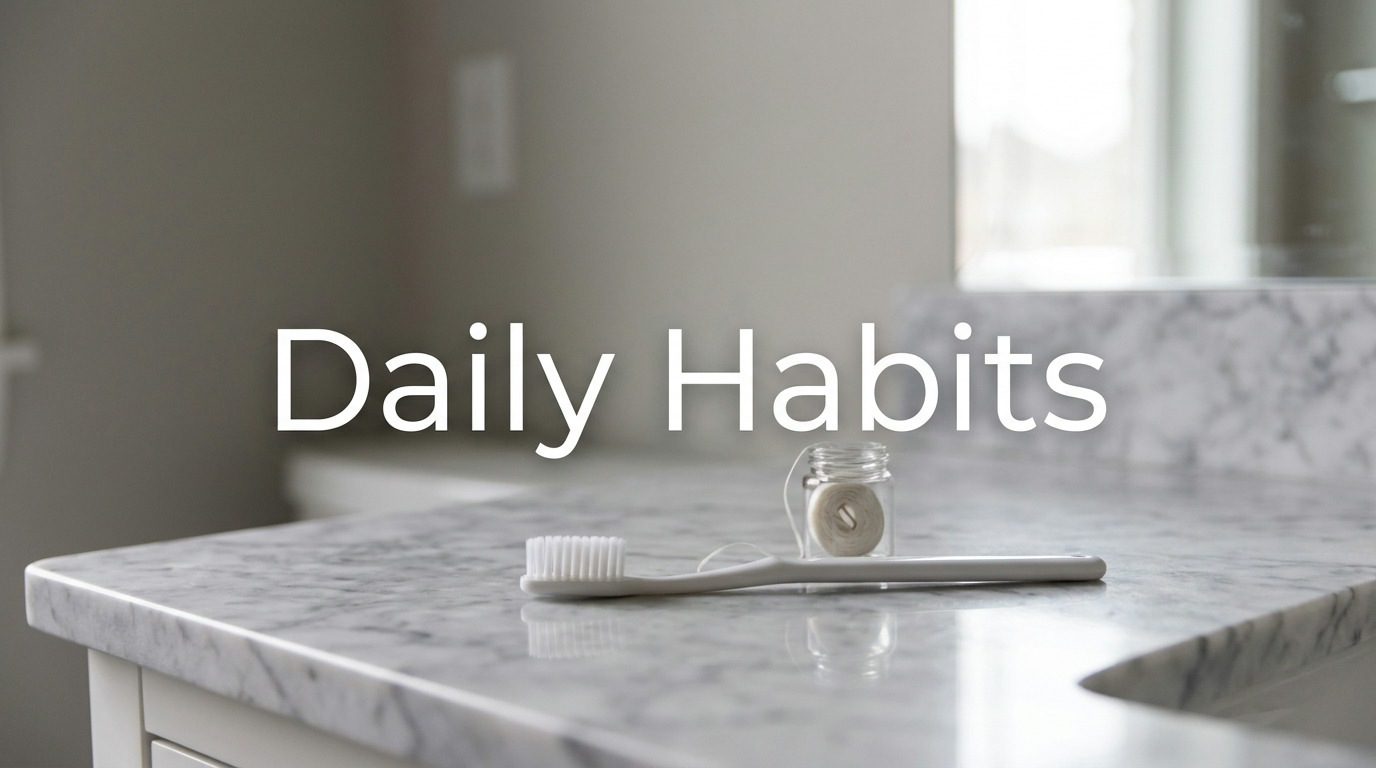 A white toothbrush and a small glass jar of dental floss rest on a white marble countertop in a bathroom, with the words "Daily Habits" overlaid in white text.