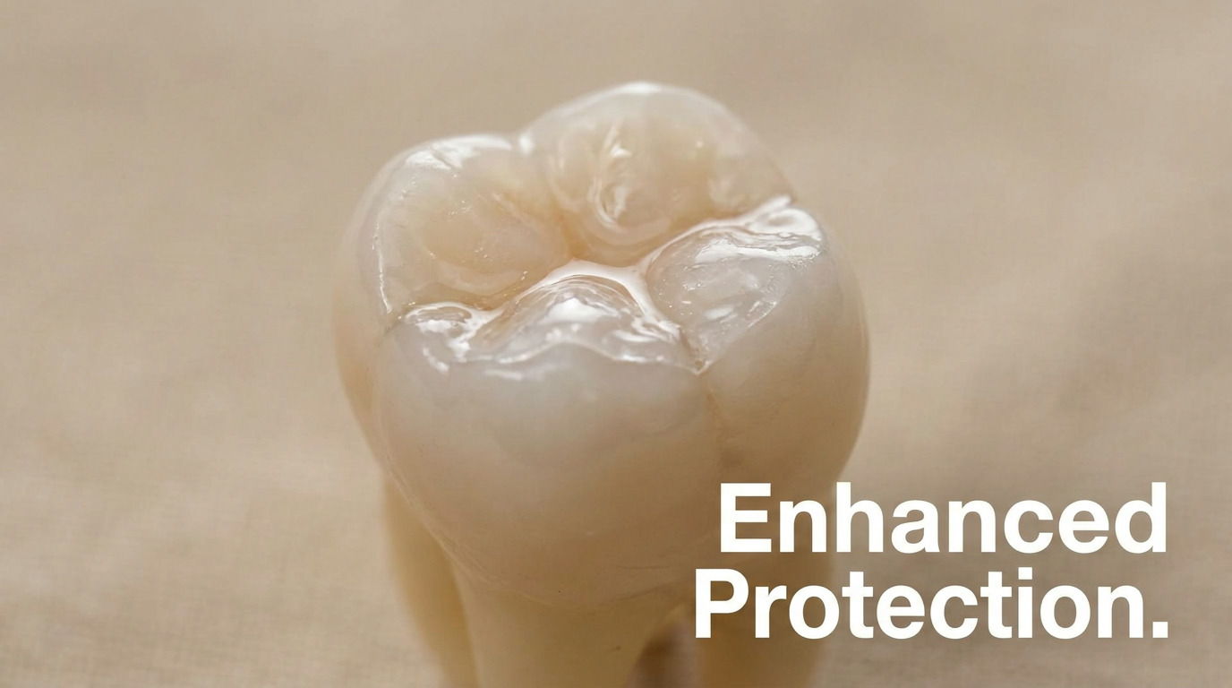 A close-up shows a single molar tooth with a transparent, protective sealant coating on its surface, and the text "Enhanced Protection." overlaid on the right side.