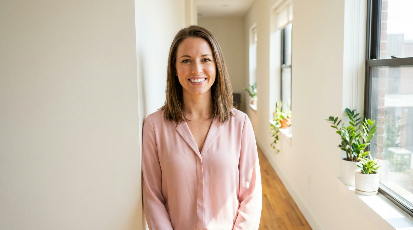 Amanda smiles confidently, looking at the camera, wearing a soft pink blouse, standing in a bright hallway with plants on a windowsill.